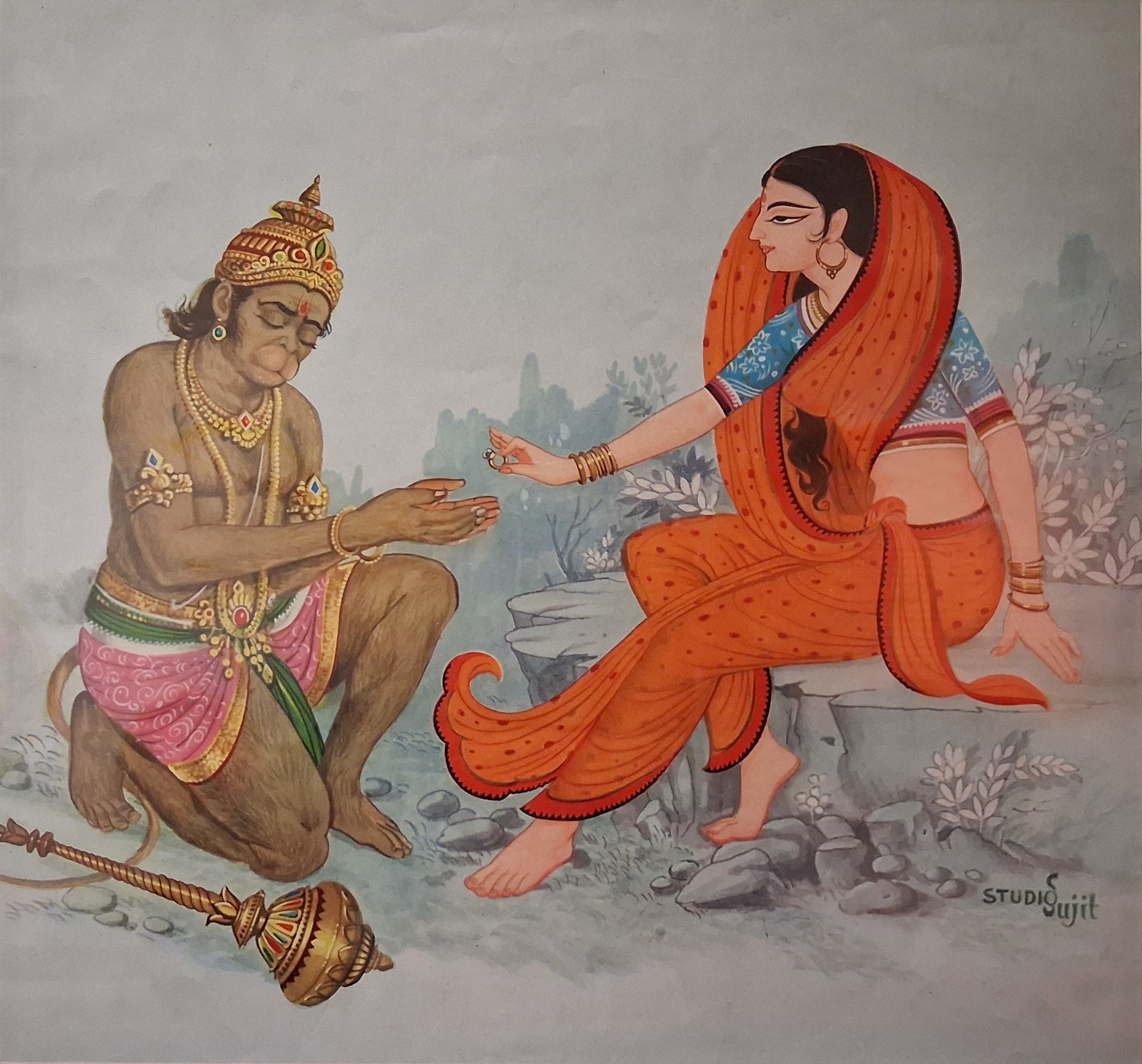 Hanuman receiving Sita’s hair jewel, to give to Rama. (RV-04-71)