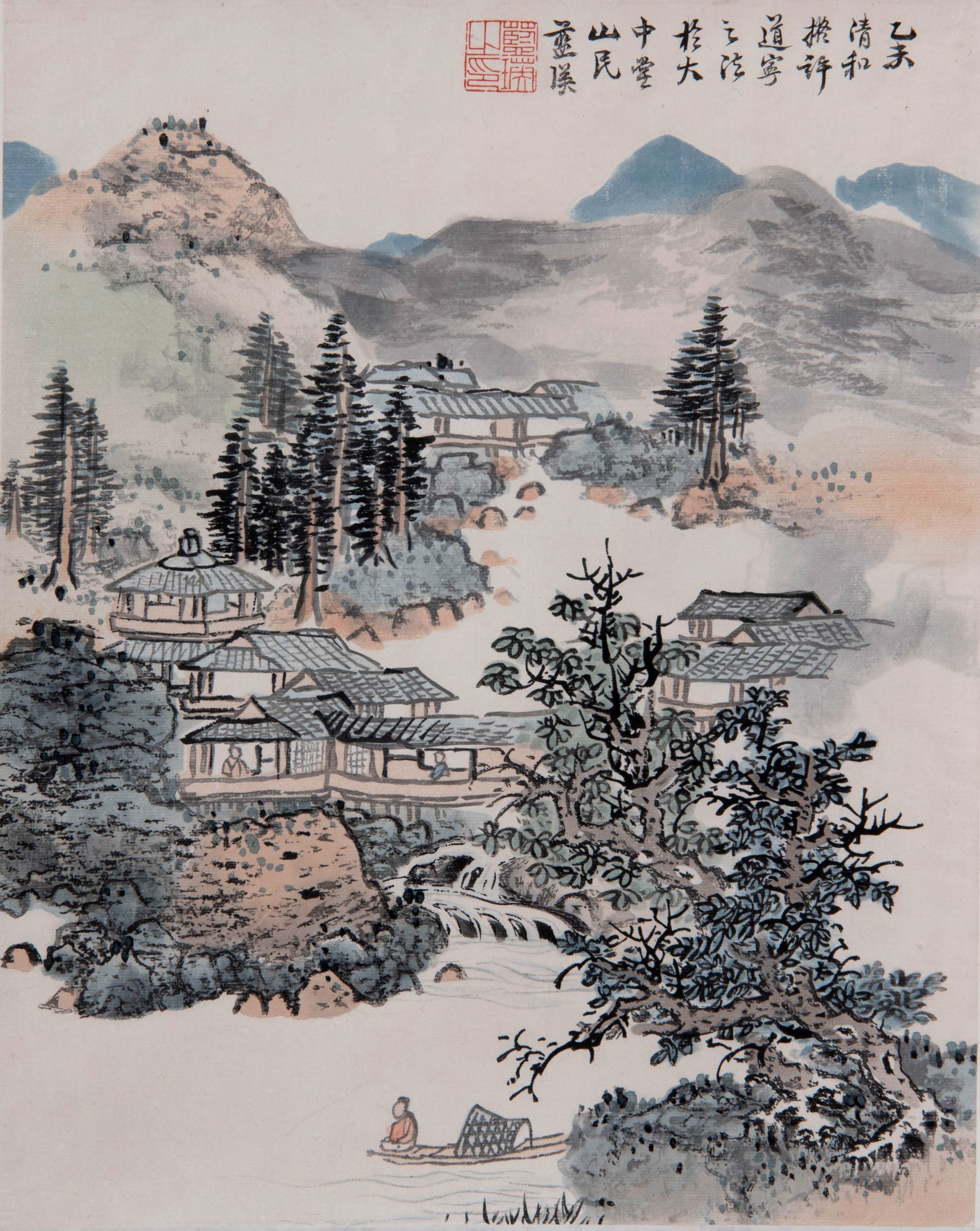 Rongbaozhai houtblokdruk (1955) van Lan Ying’s Luisteren naar het geluid van de bron, uit 1655, rolschildering, op papier gedrukt, 31 x 25 cm (RV-3873-8) 