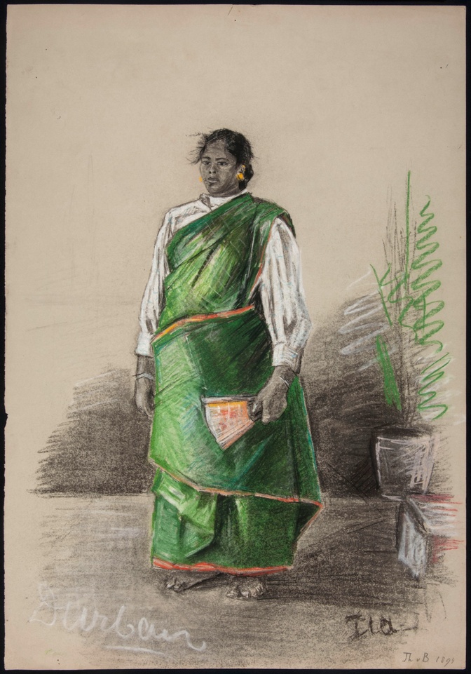 Een Indiase vrouw in een groene sari en witte blouse. Deze pasteltekening is in 1894 gemaakt door Theodora Jacoba Sleeswijk-Van Bosse, in Durham (KwaZulu-Natal, Zuid-Afrika). 