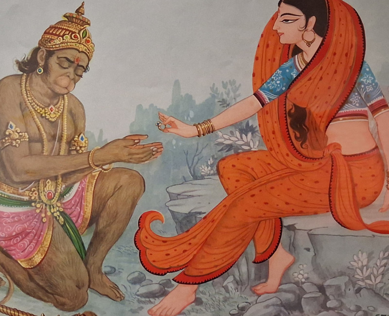 Een poster waarop te zien is dat Hanuman en Sita in zijn hart wonen. (7158-408)