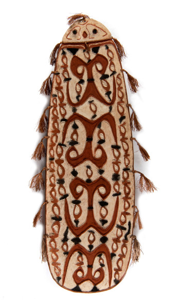 Dit schild is gemaakt uit licht hout zodat het makkelijk meegedragen kan worden. Citak-Asmat, Wildemanrivier, 1953. (RV-3070-532)