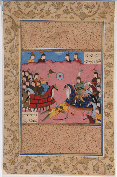 Miniatuurschildering (ca. 1600) die een episode uit de Shahnameh illustreert: de dood van Ghobad in de strijd met Barman. (RV-2103-4) 