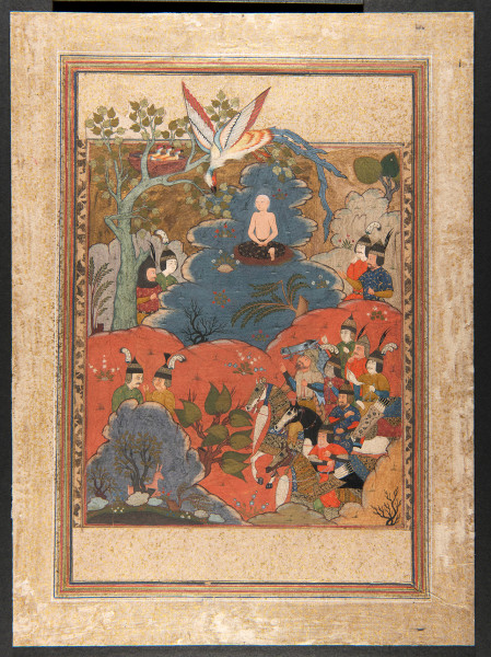 Miniatuurschildering (16e-17e eeuw) die een episode uit de Shahnameh illustreert: Sam wil zijn enige zoon Zal laten opeten door de simurgh, een fabelachtige vogel.  Zal werd geboren met wit haar en had de uitstraling van een oude man. De vogel bracht Zal groot. (RV-2103-2) 