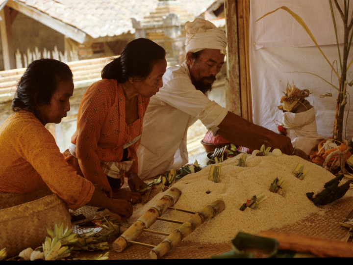 Samen met een tempelpriester maakt offerspecialist Dayu Rai een symbool van de godin van de rijst, in de vorm van een pop van rijst, suikerriet, bananen en een kokosnoot. Ubud, Pura Dalem, oktober 1982. (7358-61) © Francine Brinkgreve