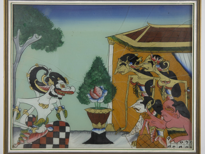 A Balinese reverse painting on glass of the Ramayana, featuring Hanuman. (RV-3557-130)