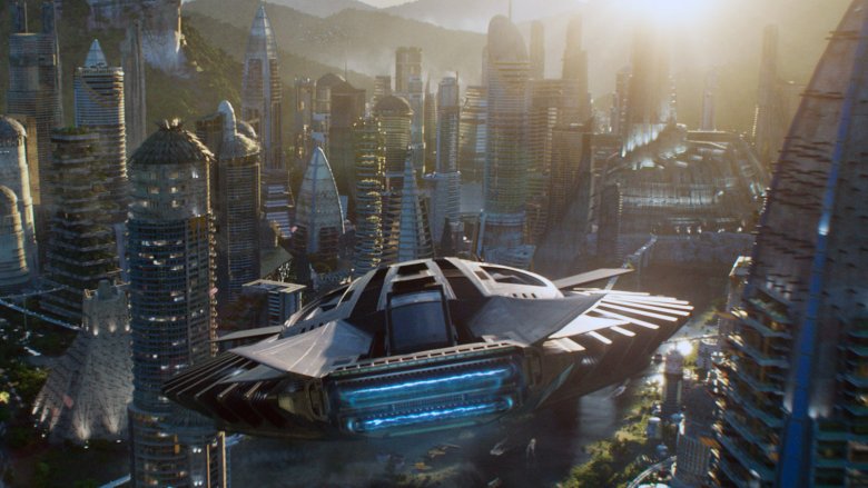 T’Challa’s Royal Talon Fighter flying above Wakanda in the film Black Panther. Credit: Marvel Studios.